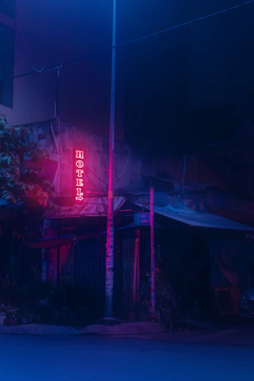 a house on the street with a neon sign in it