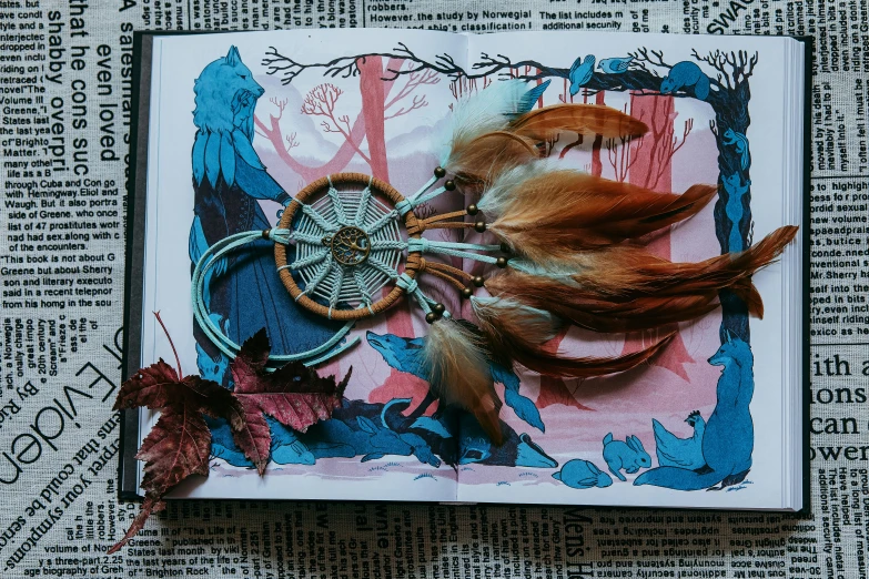 a scrap book with scissors and feathers on it