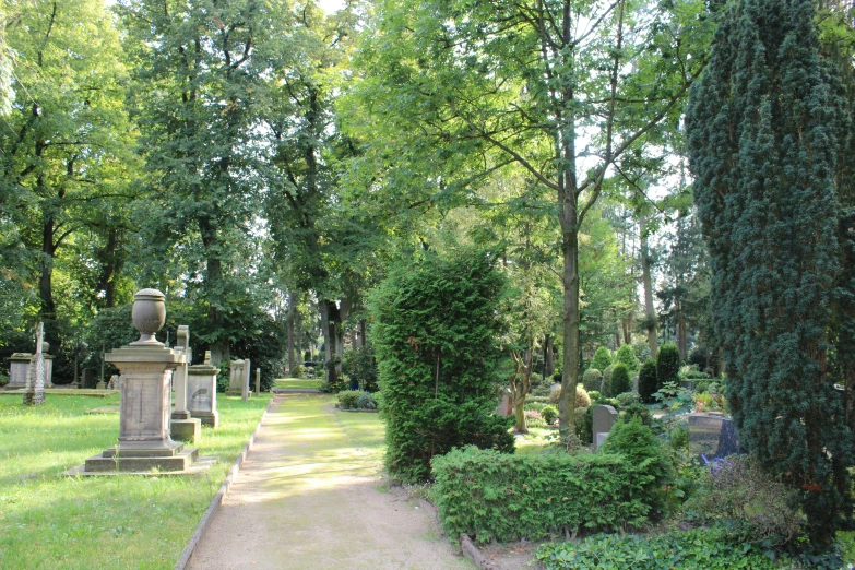many trees surround an old cemetery with statues