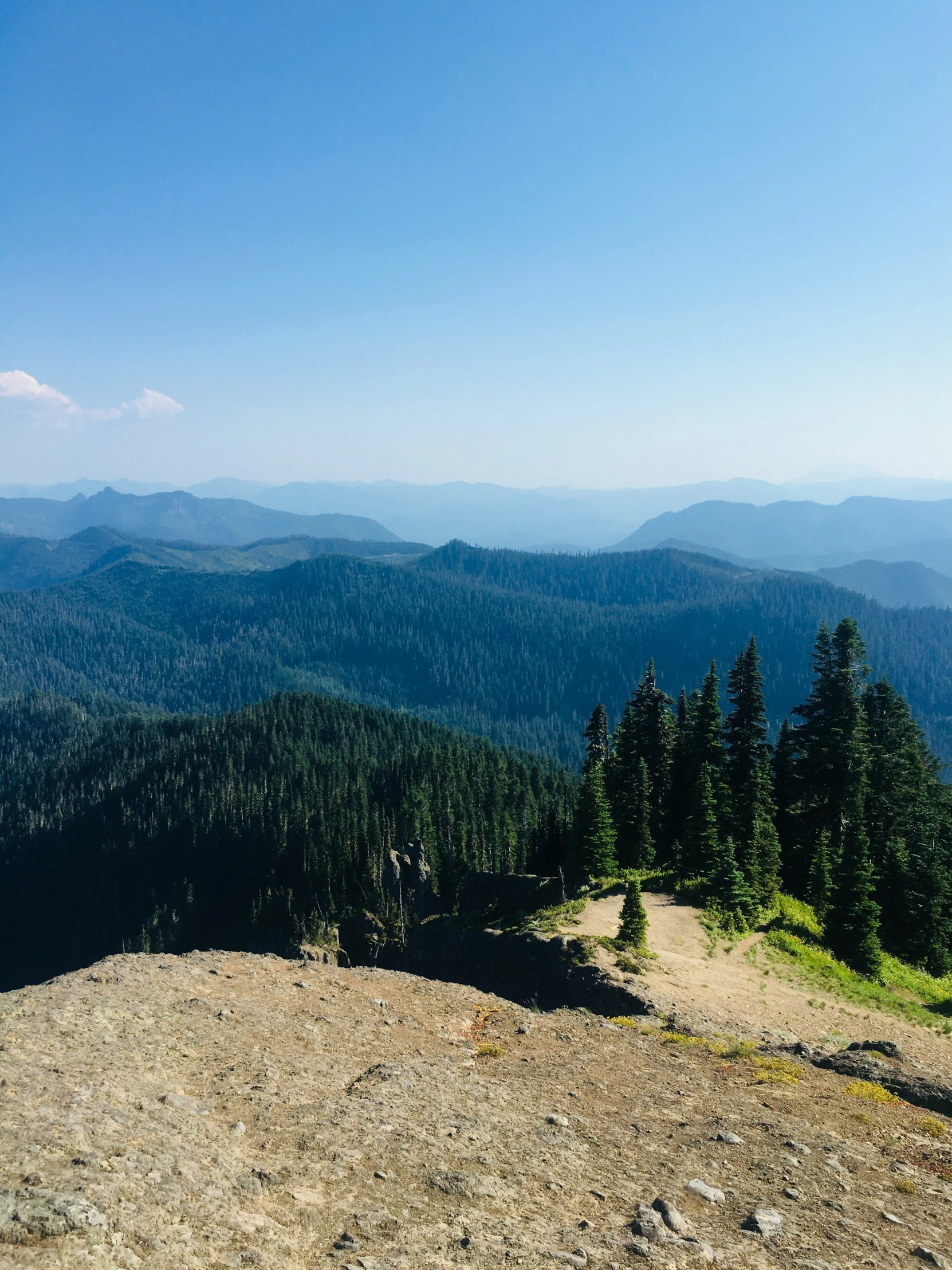 a scenic view of mountains and trees on the edge of a mountaintop