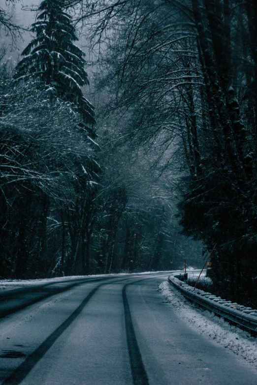 an empty road surrounded by snow and trees