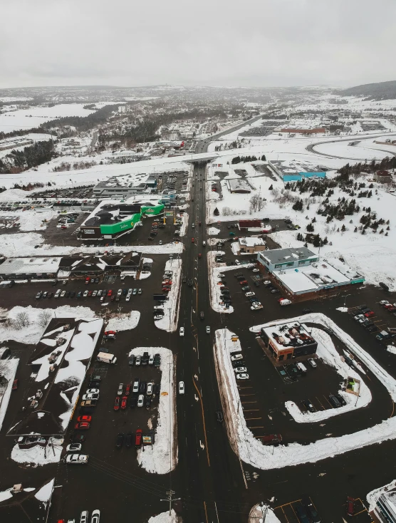 an aerial s of a parking lot in the snow