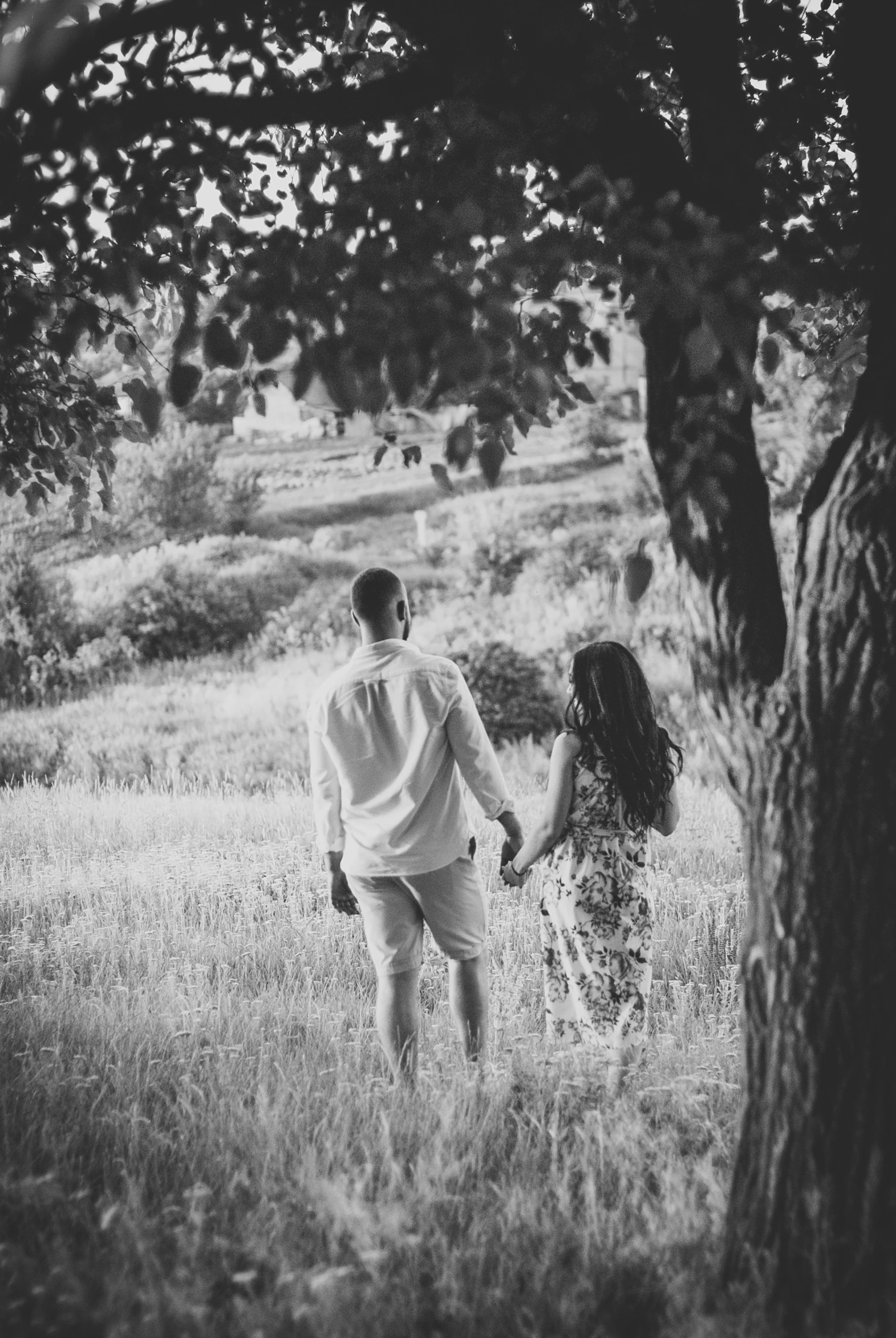 couple holding hands walking in tall grass under tree