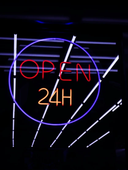 an open sign is shown that says 24 hour