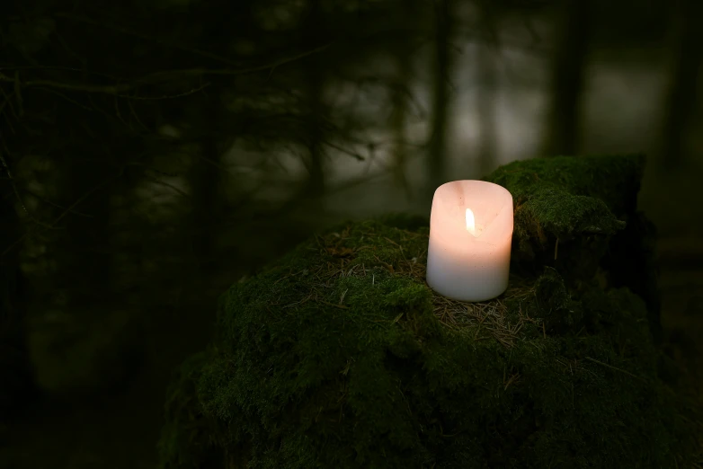 a single candle is lit on top of mossy rock in the dark