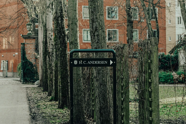 a sign is attached to the tree trunks