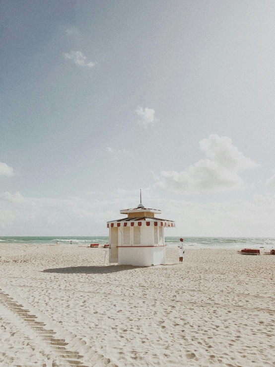 a lifeguard stand sits on the beach in front of an ocean