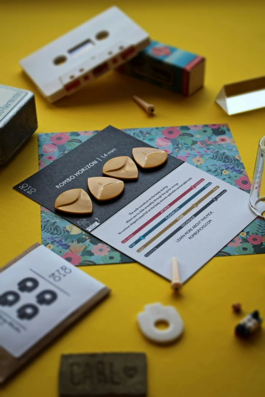 a table covered with card and several other items