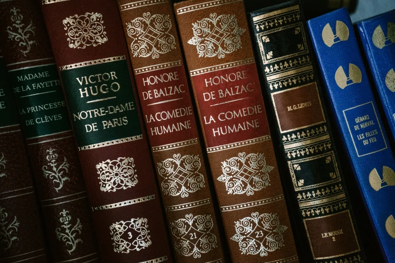 rows of red and blue books line a wall