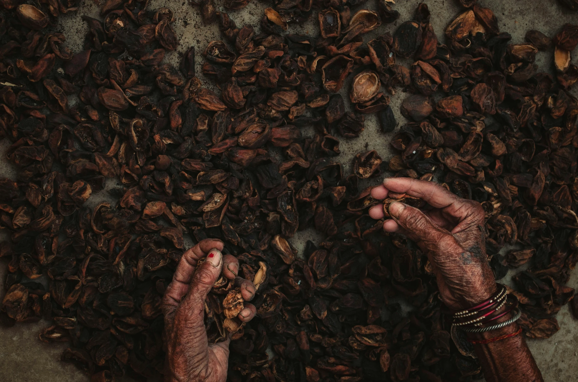 a pair of hands grabbing at some chocolate chips