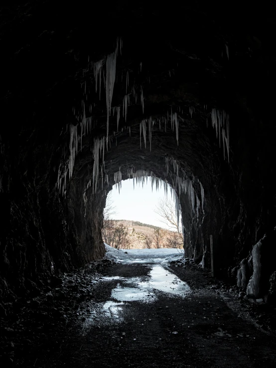 an ice cave is full of icicles and small icicles