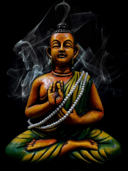 there is a buddha statue with a smoke in his mouth