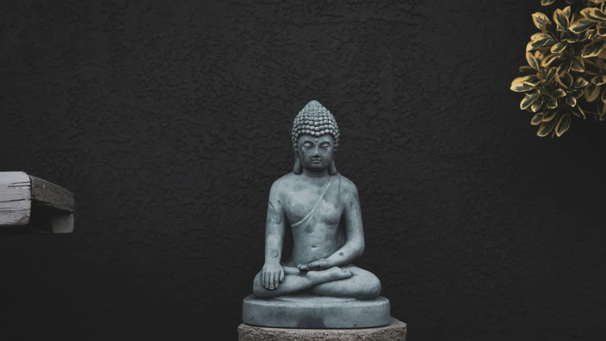 a buddha statue on display against a black background