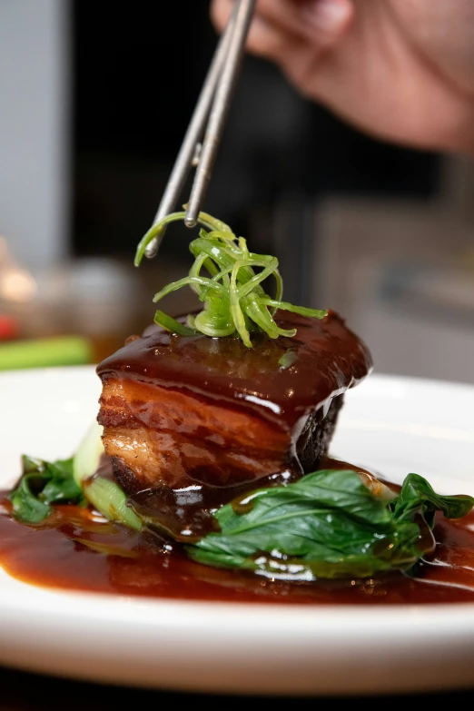 a white plate with a meat dish and chopsticks