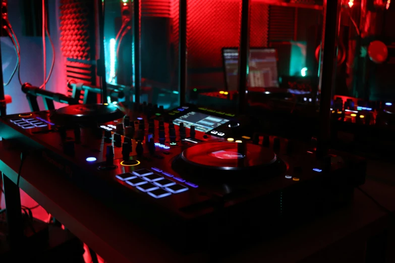 electronic equipment in a room with bright red lights