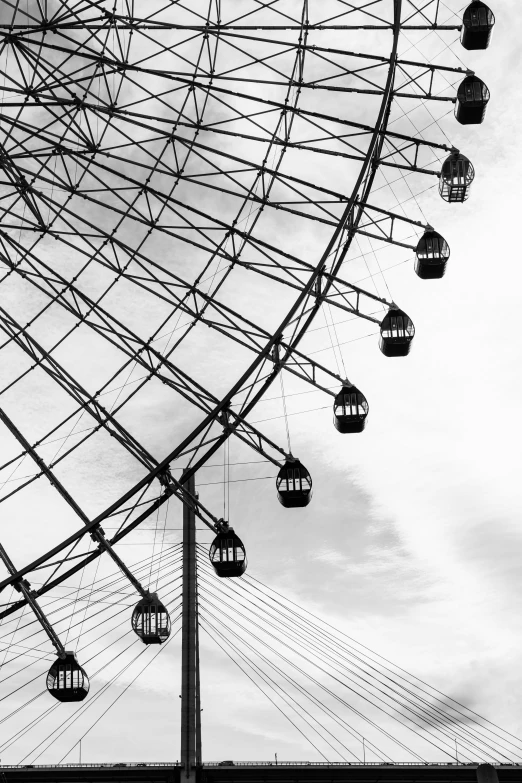 a very tall ferris wheel next to power lines