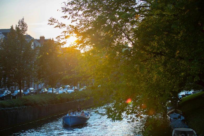 some boats in the water near trees and buildings