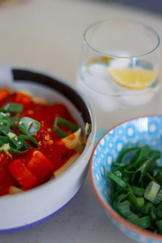 the plate with sliced vegetables is next to a bowl with chopped green onions and green peppers