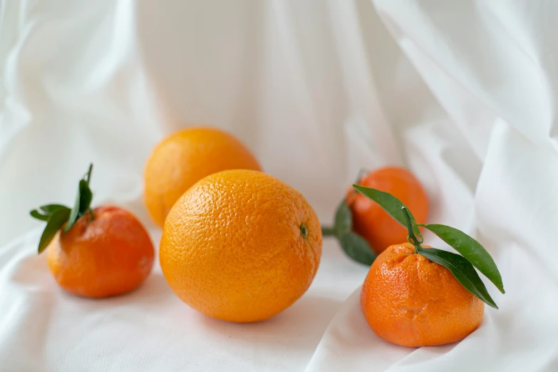 an orange with some leaves sitting in front of it