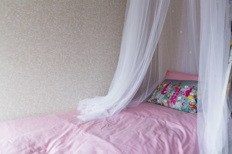 a pink bed frame and a sheer white canopy