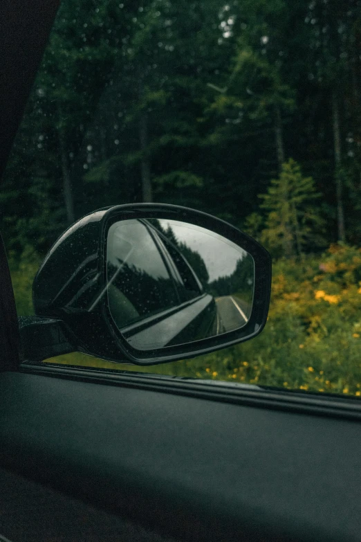 view in side mirror from car of woods, road and woods