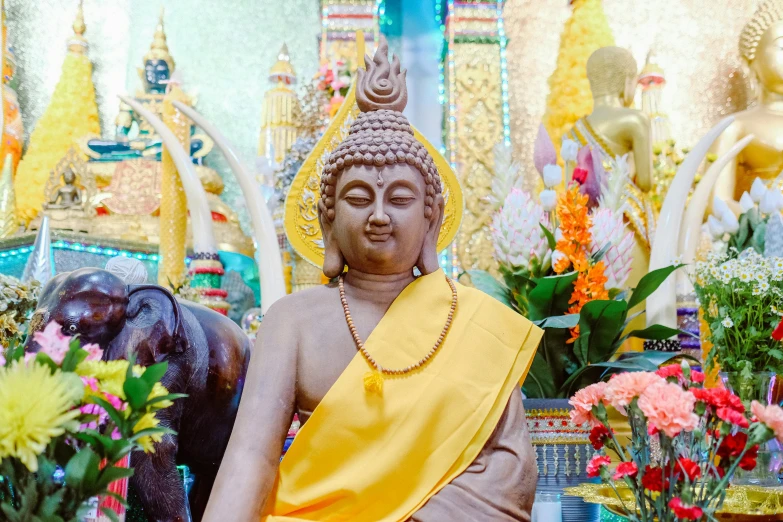 a buddha statue sits in front of a bouquet of flowers