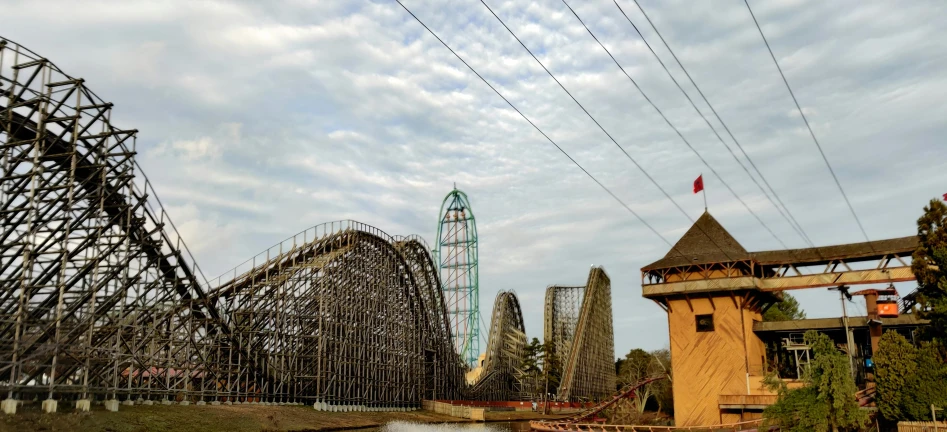 a roller coaster near a large body of water