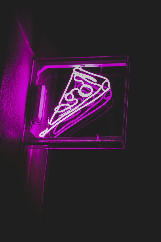 the neon sign has a picture of a pizza slice