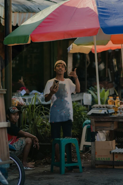 a person holding an umbrella and looking at it