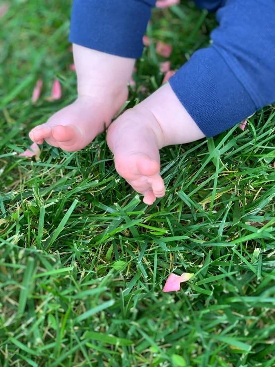 baby hand out as he sits on the grass