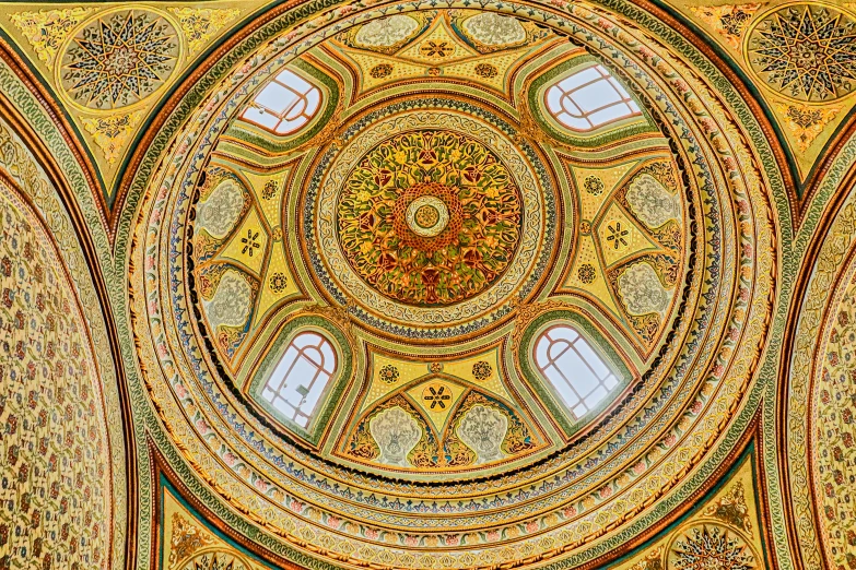 the ceiling of a building in a church