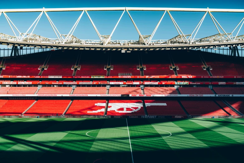 an empty soccer field sitting inside of a stadium