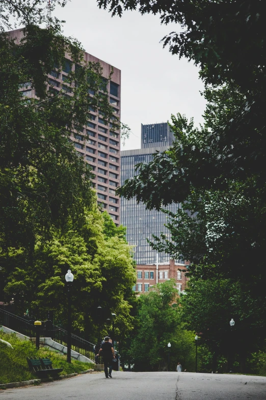 two people riding bikes down the street with green park areas