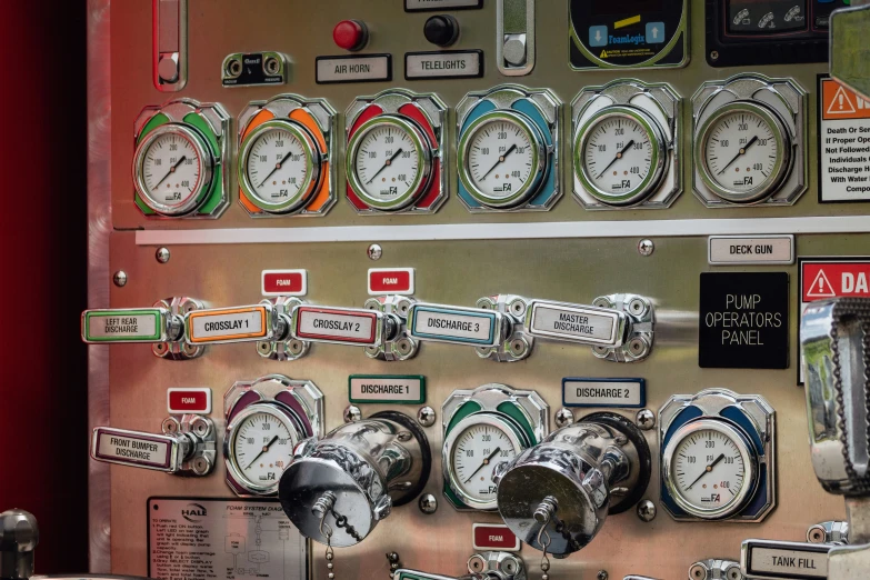 a group of gauges on display in a room