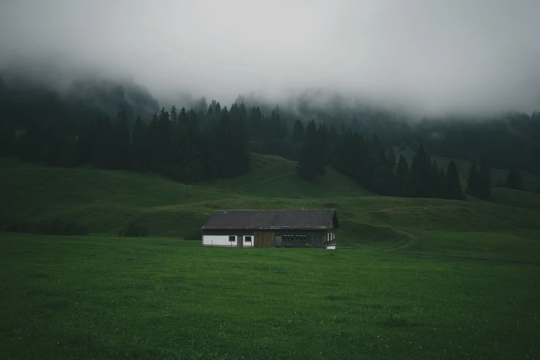 a cabin is in the fog and a green pasture