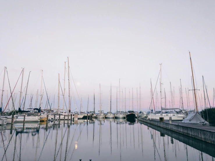 many boats are docked in a small marina