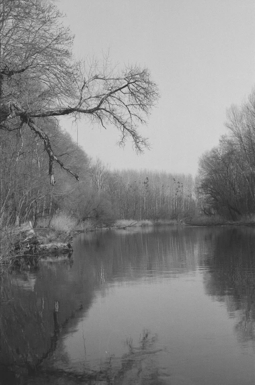 a black and white image of a small lake in winter