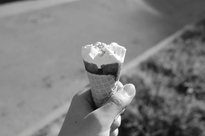 a person holding up an ice cream cone to take a picture