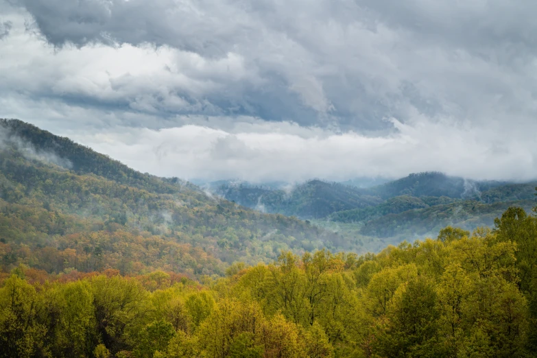 the valley has trees and hills under some clouds