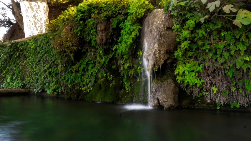 a waterfall cascading over a small pond next to a lush green wall