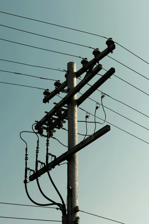 two pigeons perched on the telephone wires and wires above