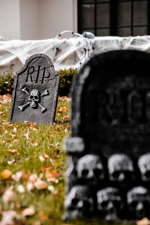 a grave with a skull sitting between it in the grass