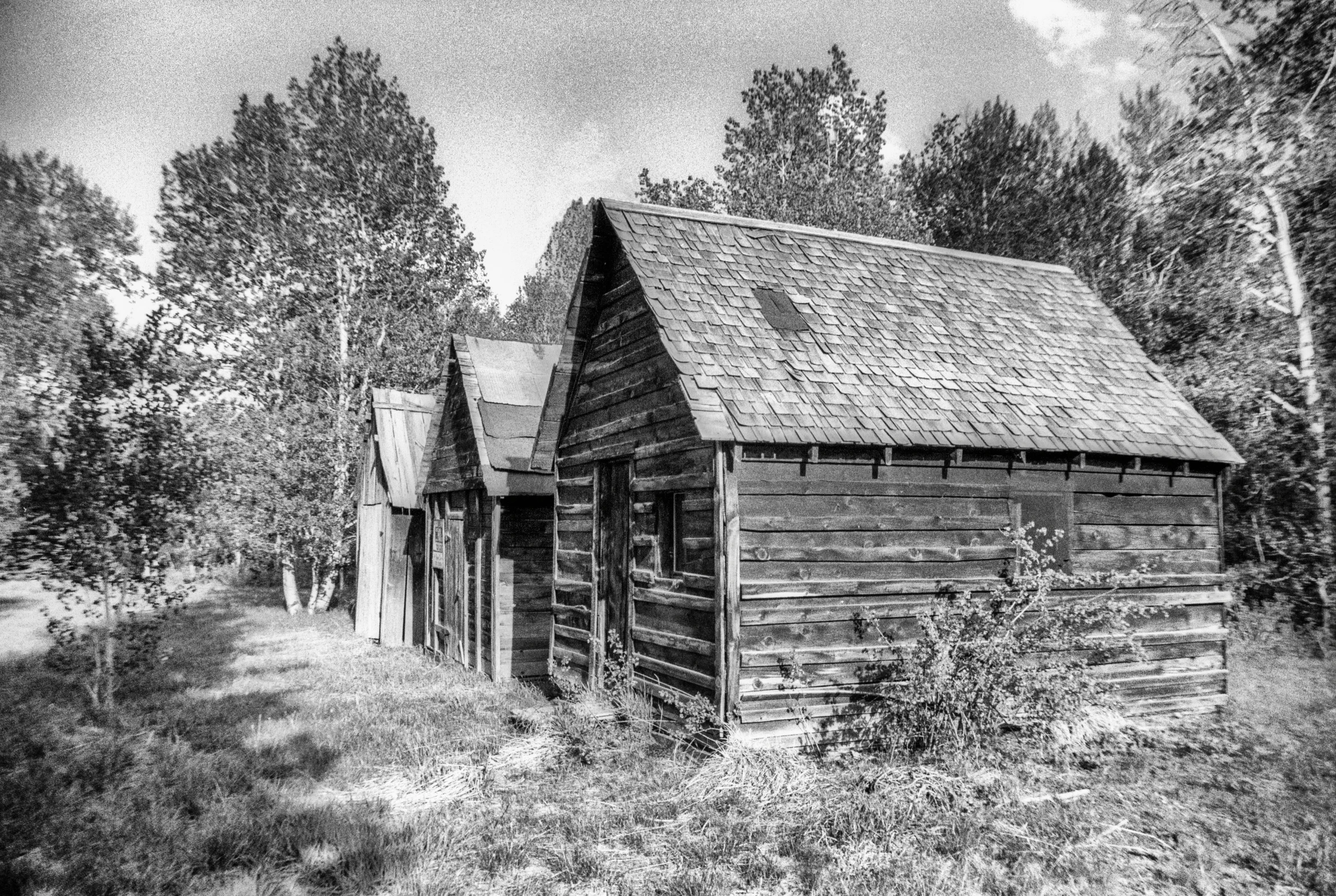 a old cabin that is in the middle of a field