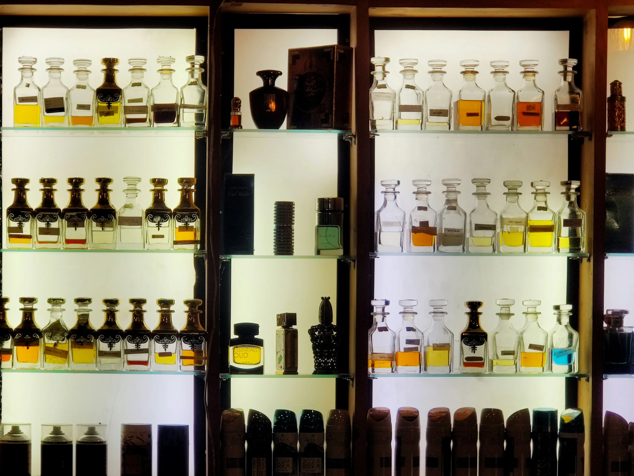 bottles on shelves are lined up near one another