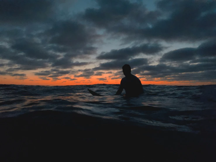 surfer sitting on surfboard in the ocean waiting for wave