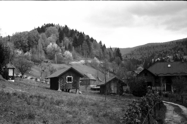 houses on the mountain near an old fashioned car