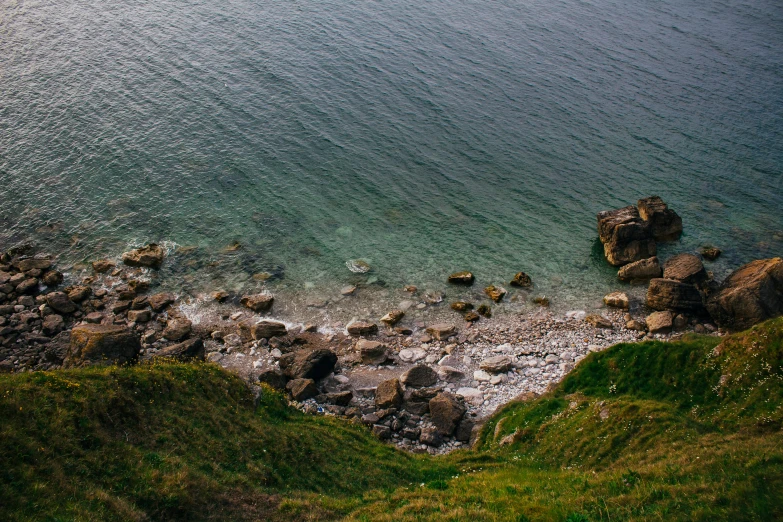 a body of water next to some rocks and grass