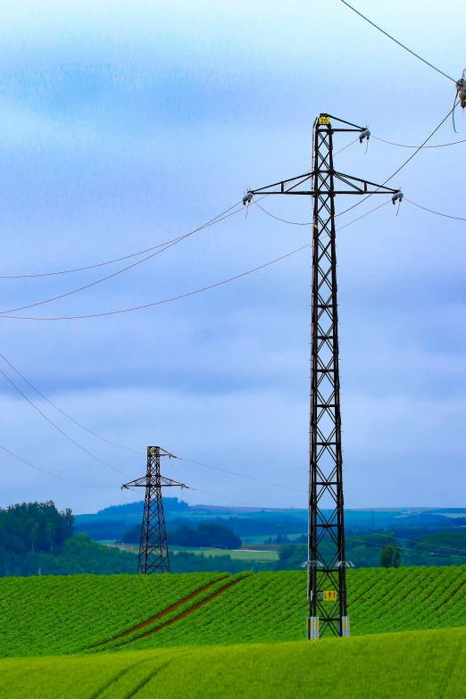 two power poles with wires above them and trees on the other side