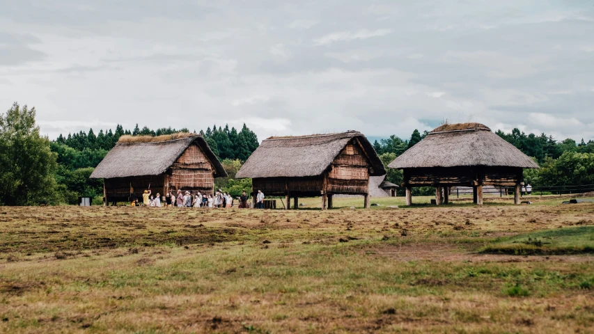 people walking past large wooden houses in a field