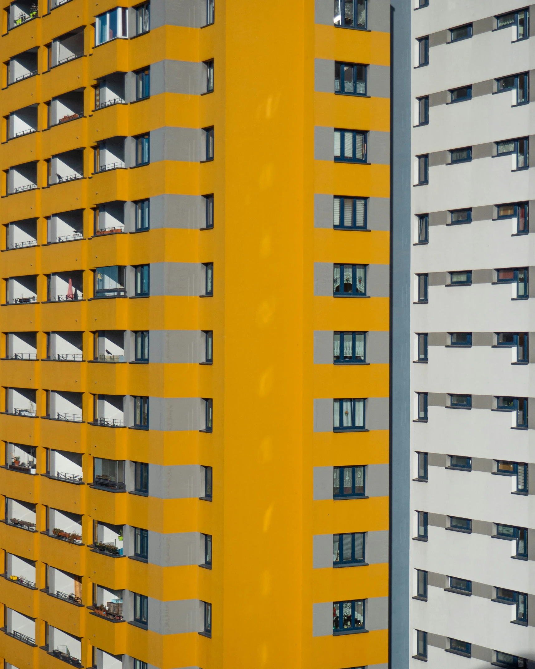 tall yellow building next to an older white building